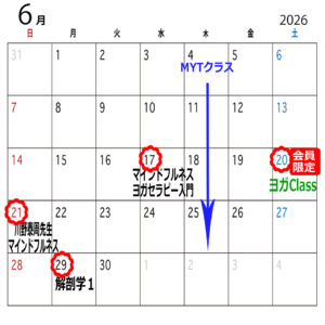 June 2026 calendar showing events: 4 MYTクラス; 17 マインドフルネス ヨガセラピー入門; 20 会員限定 ヨガClass; 21 マインドフルネス; 29 解剖学1, with red Sundays and a blue arrow pointing down from June 25.
