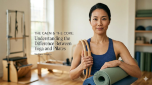 Yoga instructor in a studio with mats and props, promoting 'The Calm & The Core: Understanding the Difference Between Yoga and Pilates' article cover.