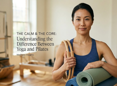 Yoga instructor in a studio with mats and props, promoting 'The Calm & The Core: Understanding the Difference Between Yoga and Pilates' article cover.